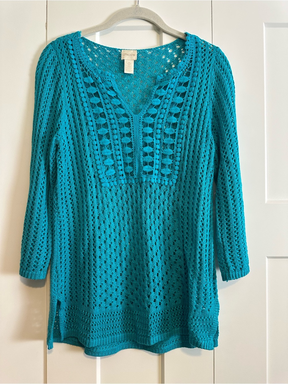 Chico's Teal Open-Knit 3/4 Sleeve V-Neck Sweater Tunic